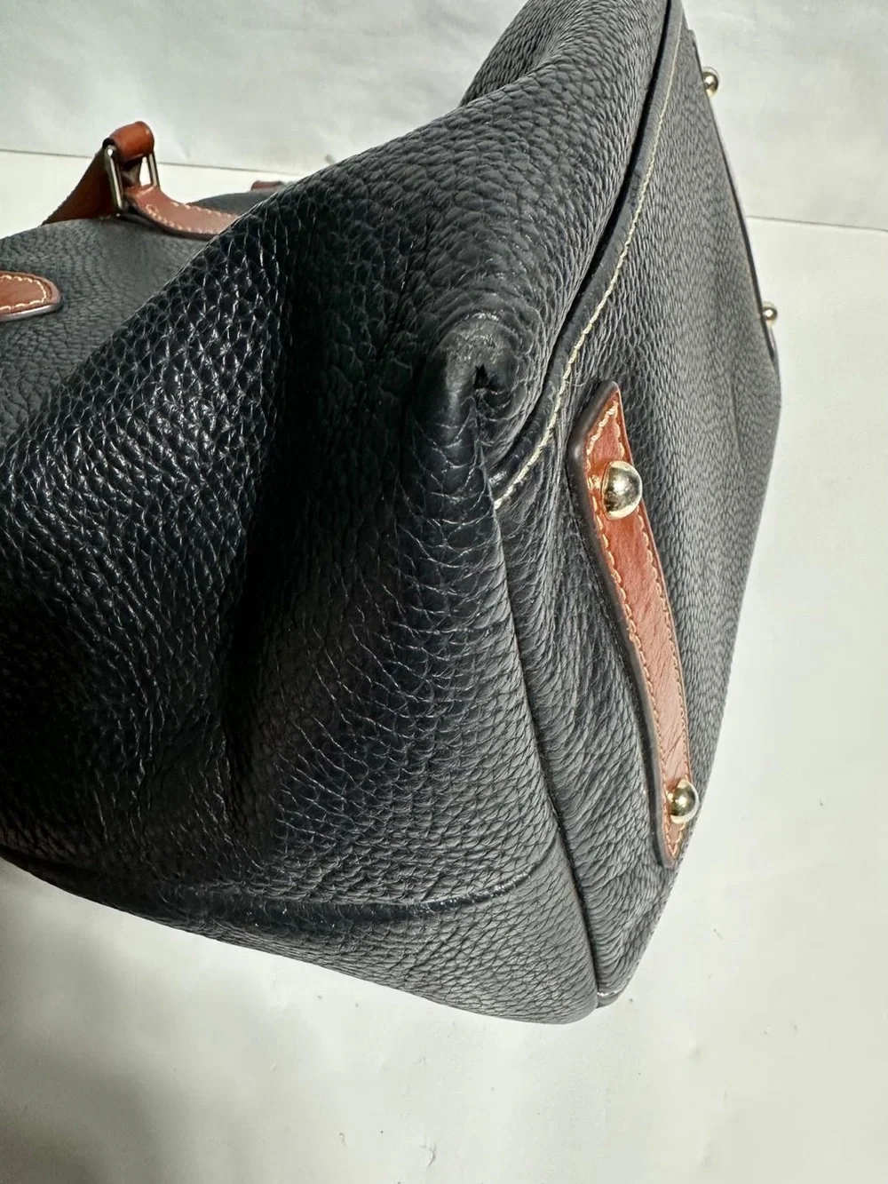 Dooney & Bourke Black Pebbled Leather Satchel with Brown Trim